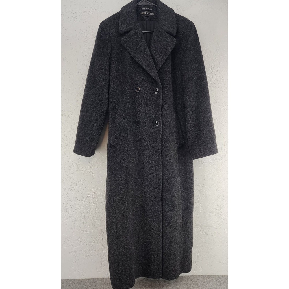 Anne Klein Gray Wool Mohair Blend Long Trench Overcoat Vintage Womens 6P